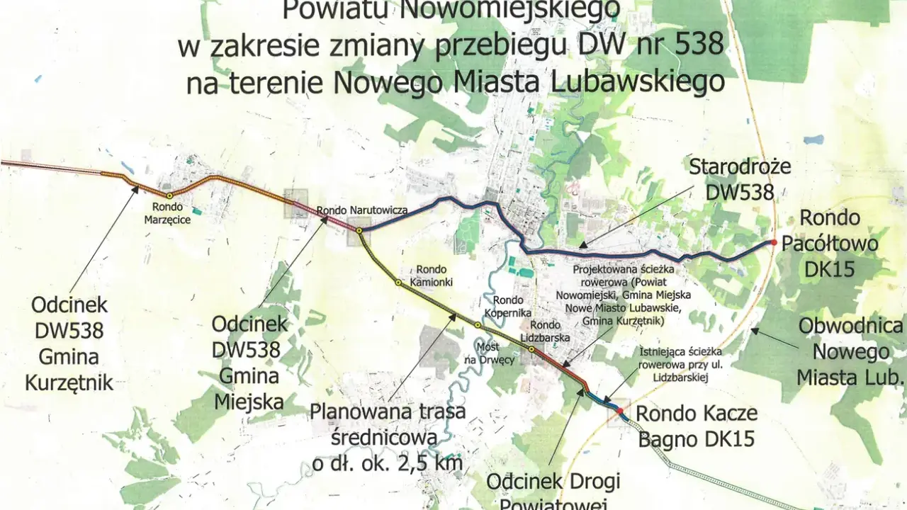Mapa przedstawia planowaną trasę Nowe Miasto Lubawskie, w tym obwodnicę i ścieżki rowerowe, usprawniające ruch drogowy.