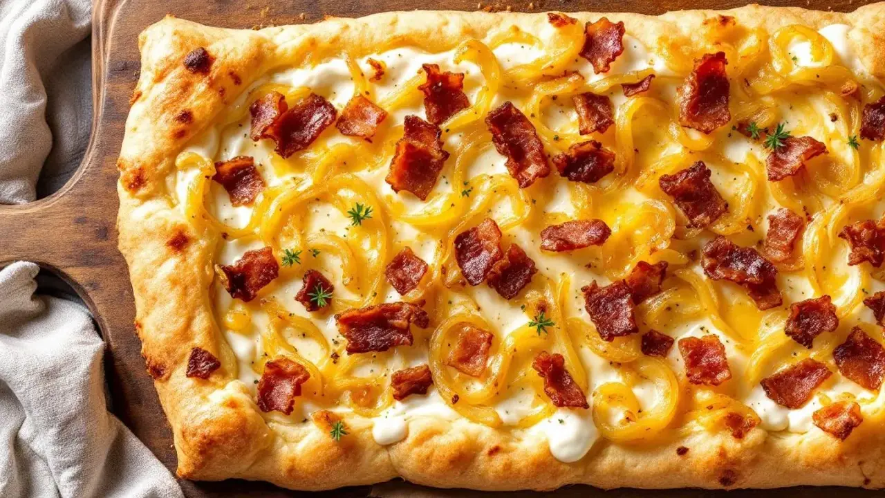 Flammekueche gourmande avec sa crème onctueuse, oignons caramélisés et lardons croustillants. Une recette facile pour un plaisir garanti.