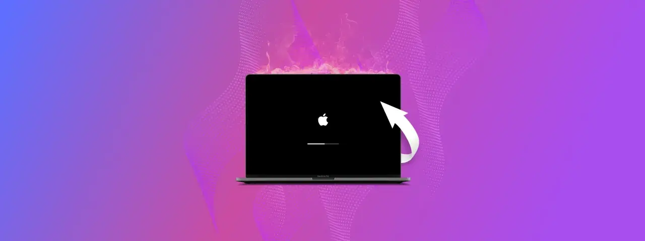 MacBook z jabłuszkiem i paskiem postępu, symbolizujący proces, jak zresetować Maca do ustawień fabrycznych.