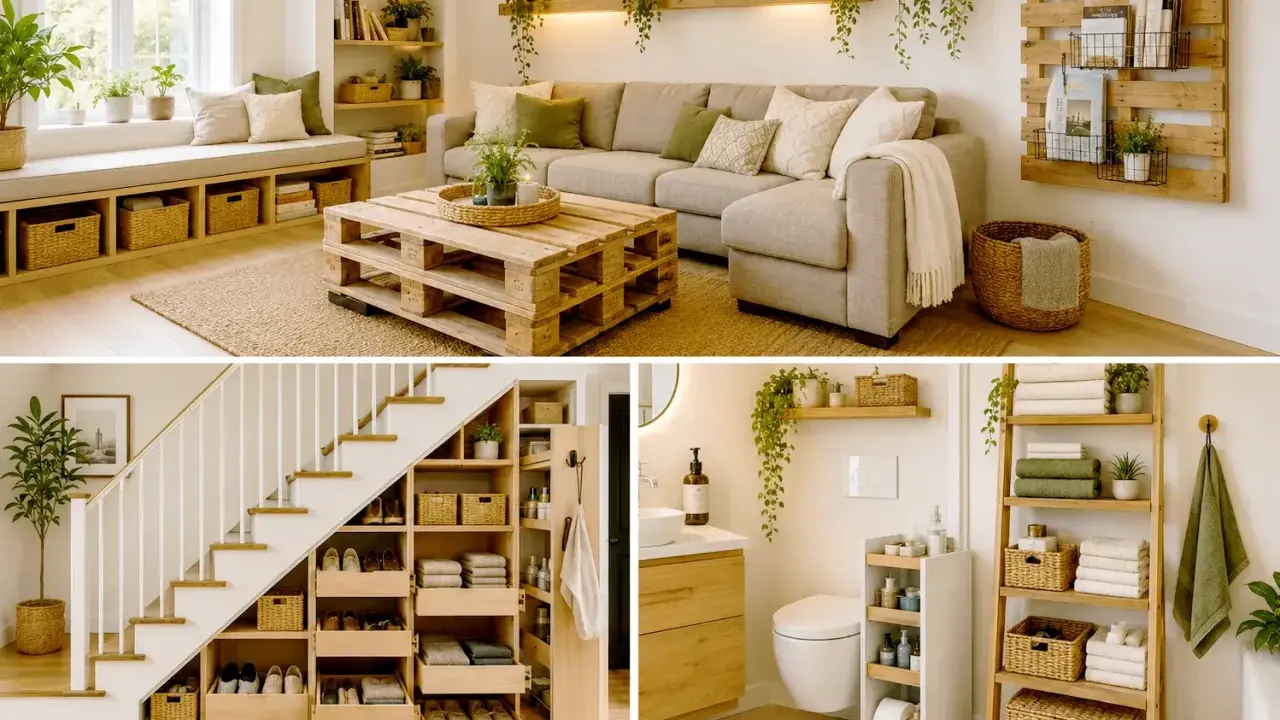 Inspirerande idéer för diy inredning: vardagsrum med pallbord, smart förvaring under trappan och ett stilrent badrum.