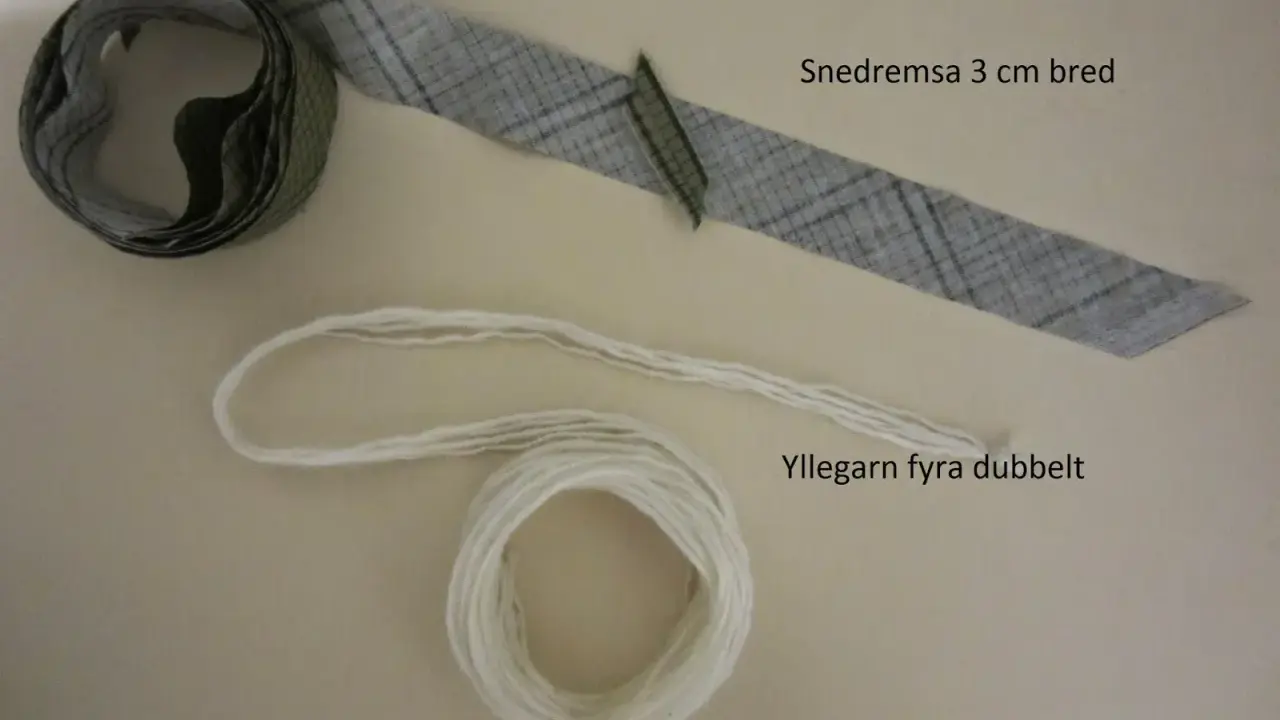 Snedremsa 3 cm bred och ett garnnystan för att sy passpoal.