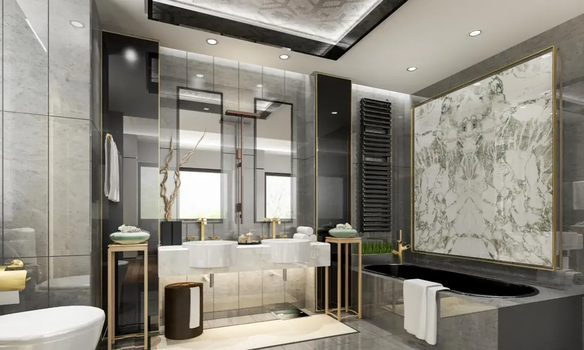 Bagni belli con vasca nera, doppio lavabo e finiture dorate. Un'oasi di lusso e relax.