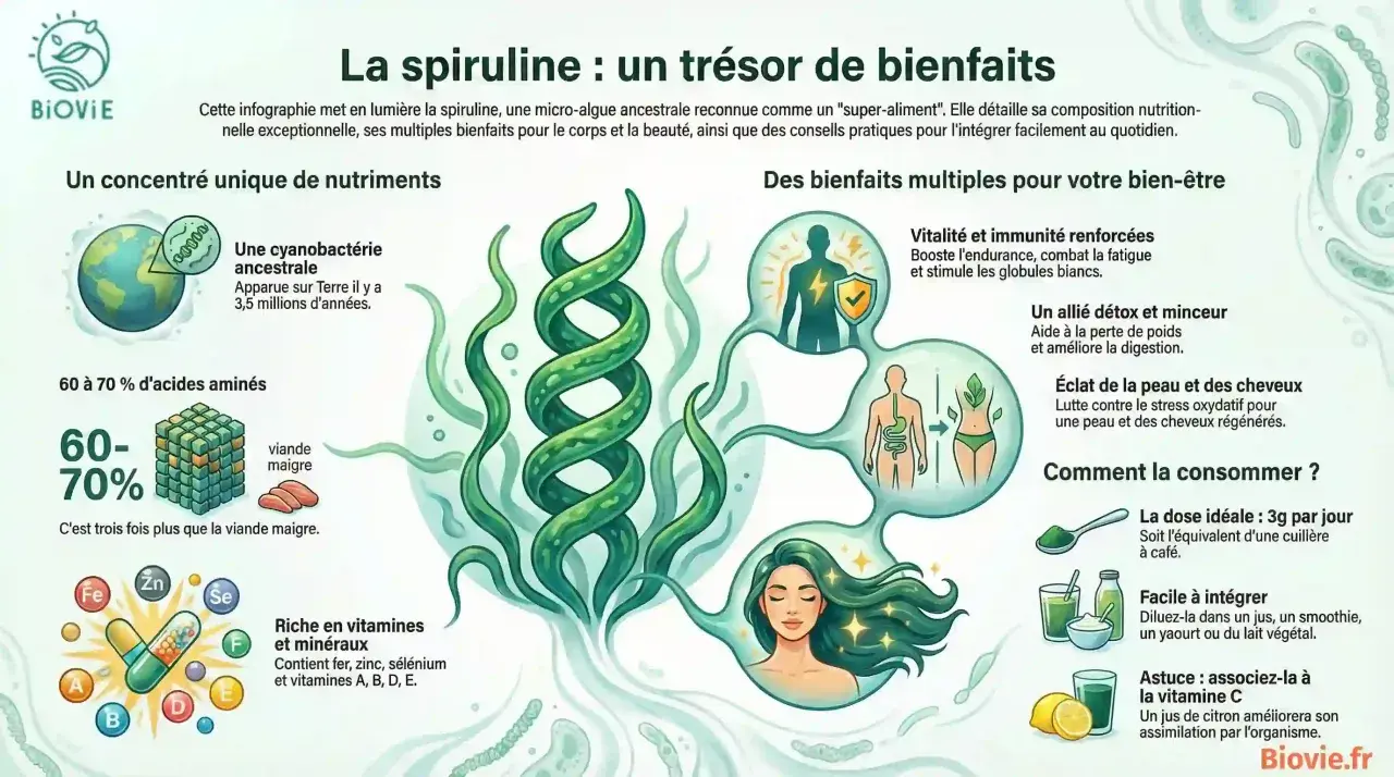 L'infographie détaille les nombreux bienfaits de la spiruline : vitalité, détox, éclat de la peau et des cheveux. Un super-aliment riche en nutriments.