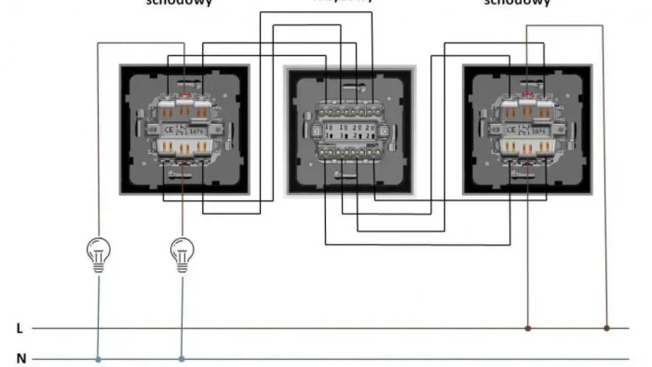 Schemat instalacji elektrycznej z wyłącznikiem krzyżowym, pokazujący połączenia między trzema łącznikami schodowymi, w tym jednym krzyżowym.