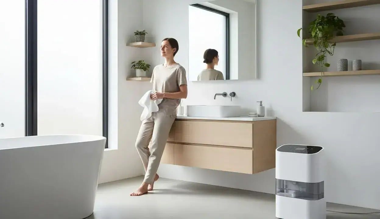 Mujer en baño moderno con deshumidificador, una solución para saber como sacar la humedad del baño sin ventilación.