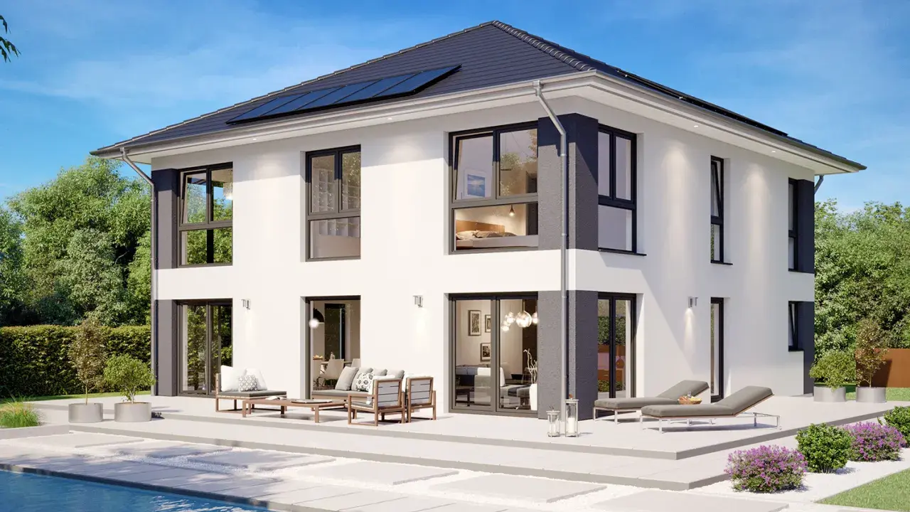 Moderne Stadtvilla mit Pool und Gartenmöbeln. Die Definition einer Stadtvilla: ein repräsentatives Wohnhaus in der Stadt.