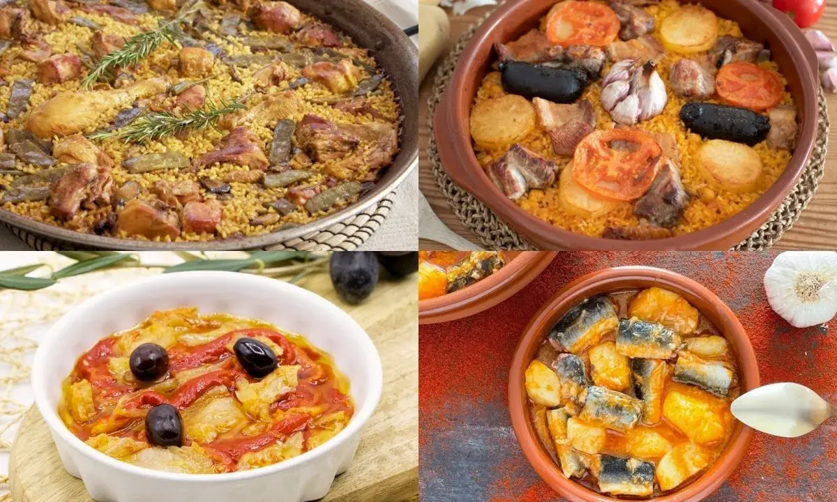 Variedad de comidas típicas de Valencia: paella, arroz al horno, pisto y pescado con patatas.