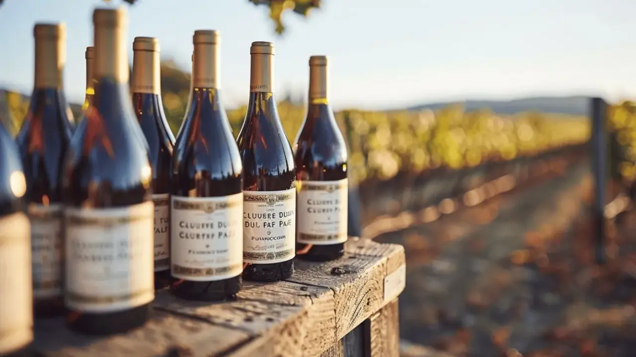 Bouteilles de vin sur une table en bois, avec un vignoble en arrière-plan. Le soleil couchant illumine ce qui pourrait être le meilleur Châteauneuf-du-Pape.