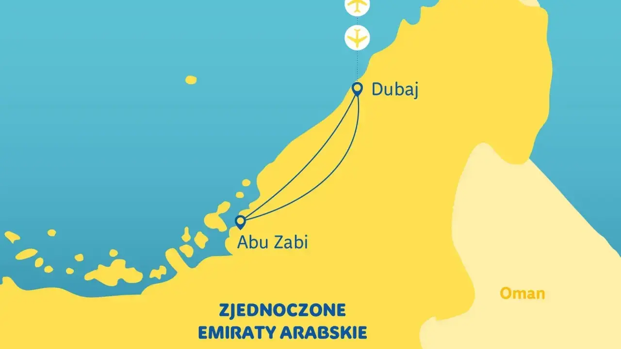 Mapa Zjednoczonych Emiratów Arabskich z zaznaczonym Dubajem i Abu Zabi, z ikonami samolotów.