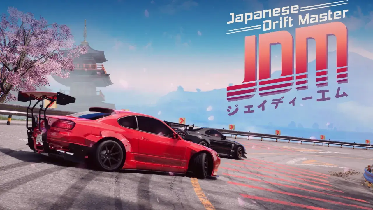 Czerwony i czarny samochód w stylu jdm japanese drift master na torze wyścigowym, z kwitnącą wiśnią i pagodą w tle.