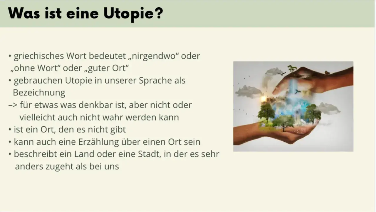 Hände halten eine Welt mit Bäumen, Wasserfall und Stadt. Merkmale Utopie: ein Ort, der nicht existiert, aber denkbar ist.