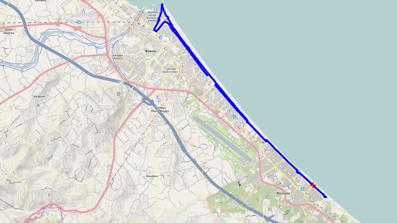 Mappa della pista ciclabile di Riccione, che segue la costa adriatica da Rimini fino a Misano.