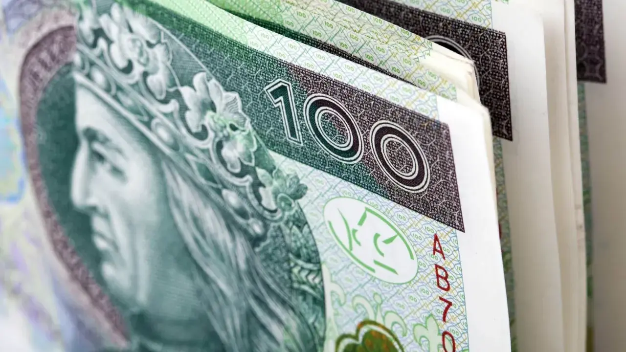 Stos banknotów 100 zł, symbolizujący premię uznaniową. Król na banknocie wygląda jakby cieszył się z dodatkowych pieniędzy.