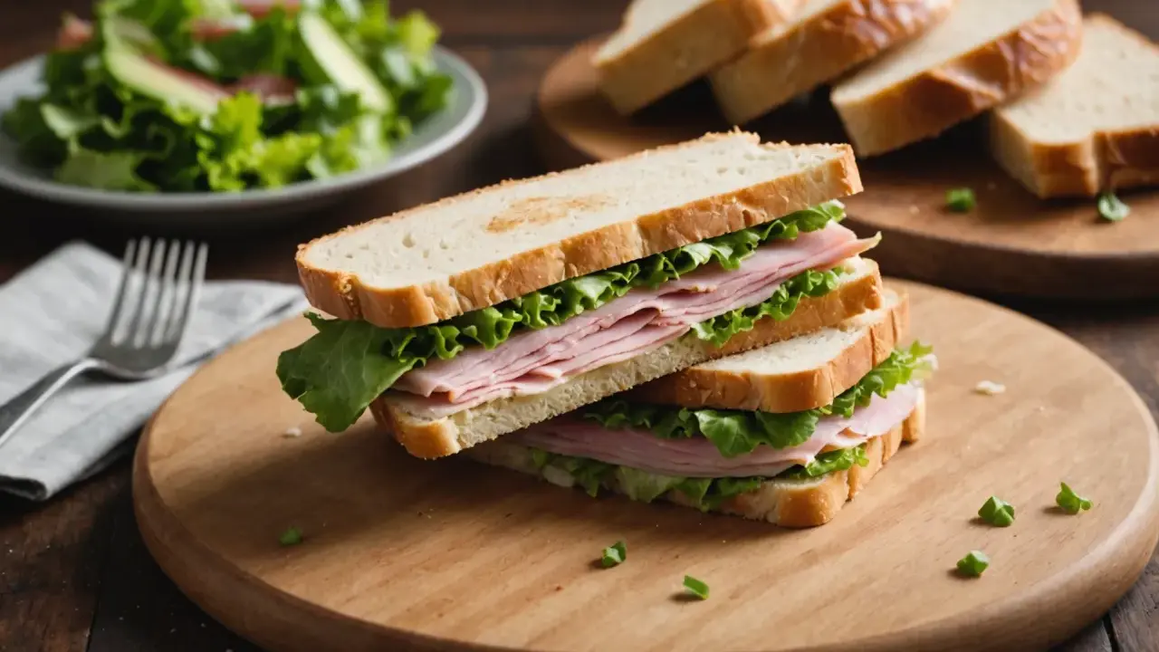 Un délicieux sandwich pain viennois garni de jambon et de laitue fraîche, prêt à être dégusté.