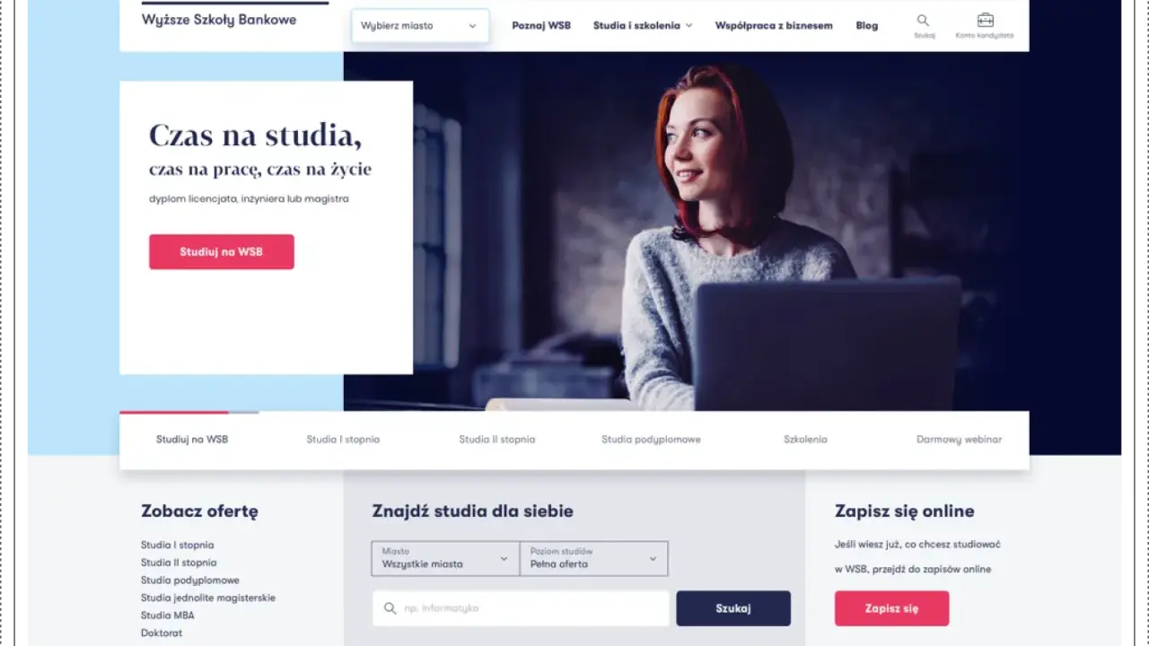 Strona główna WSB online: młoda kobieta z laptopem, oferty studiów, wyszukiwarka kierunków i opcja zapisu online.