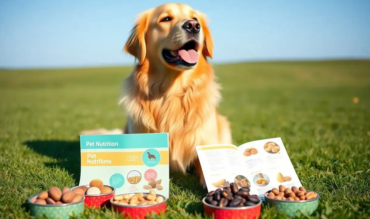 Golden retriever z zaciekawieniem patrzy na miseczki z orzechami i broszurę "Pet Nutrition". Czy psy mogą jeść nerkowce?