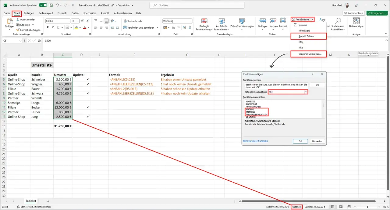 Excel-Tabelle mit Umsatzliste. Die Funktion ANZAHL wird gesucht, um die Anzahl der Einträge zu ermitteln.