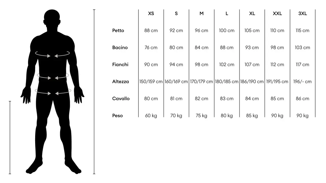 Tabella taglie: la taglia S corrisponde a petto 92 cm, bacino 80 cm, fianchi 94 cm, altezza 160-169 cm, cavallo 81 cm, peso 70 kg.