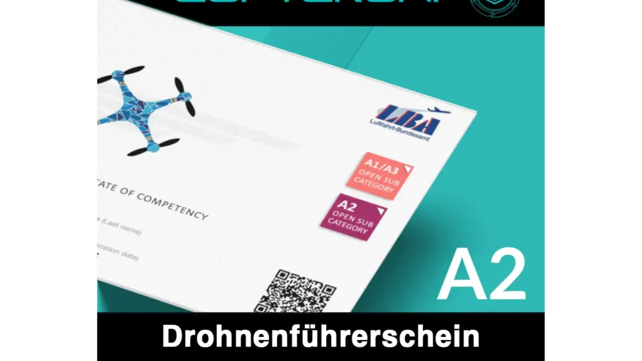 Drohnenführerschein A2 mit Online-Prüfung. Zertifikat für Drohnenpiloten, ausgestellt vom Luftfahrt-Bundesamt.