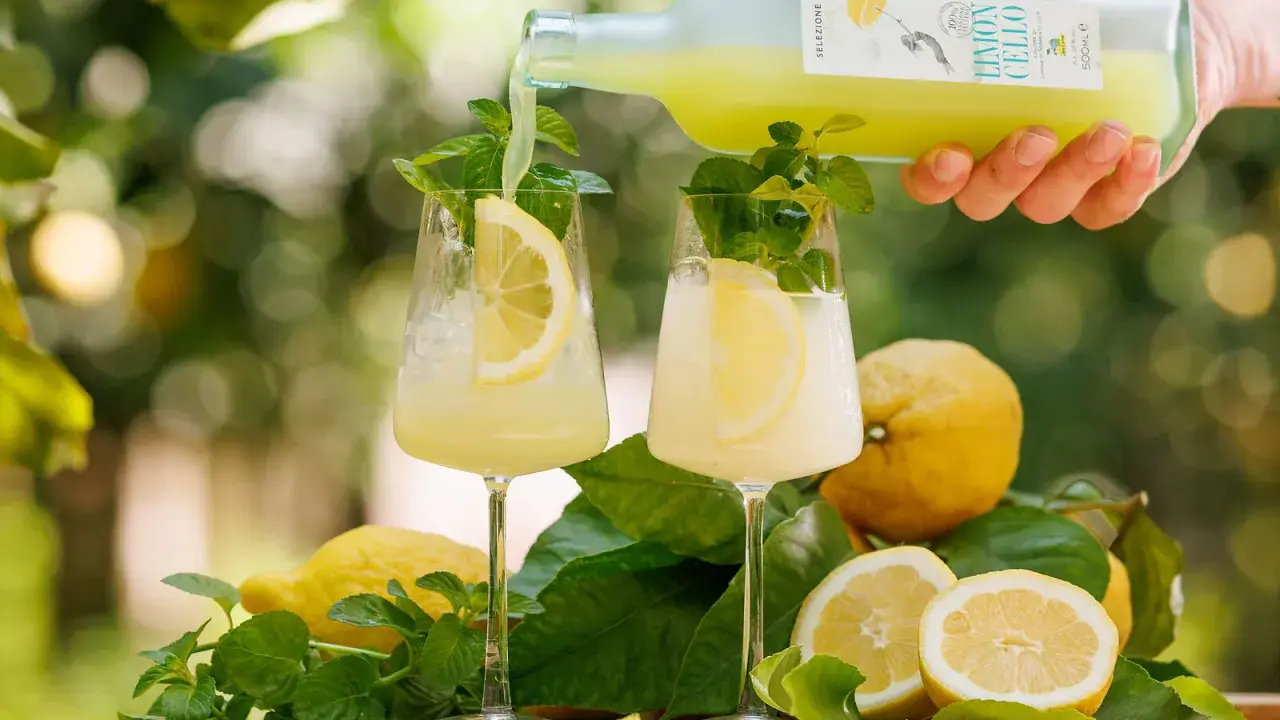 Zwei Gläser mit erfrischendem Limoncello Spritz, garniert mit Zitrone und Minze. Frische Zitronen und Blätter umgeben die Gläser.