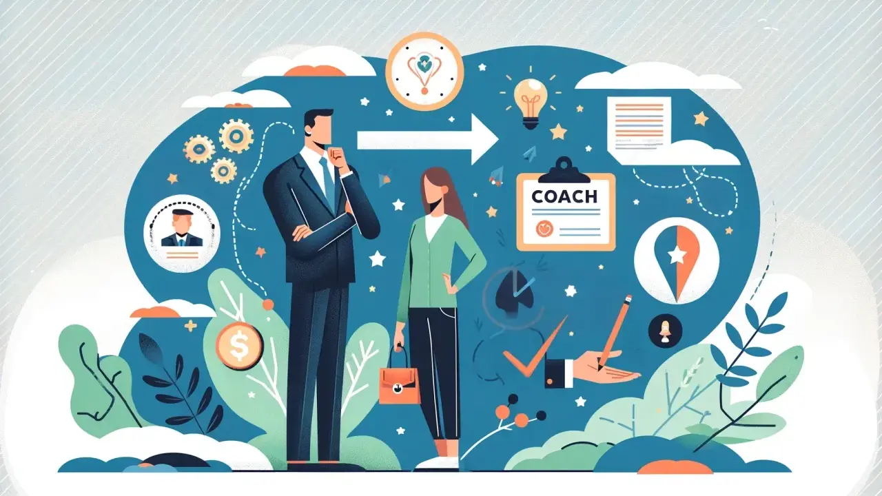 Biznesmen i kobieta rozmawiają. Na tablicy wisi napis "COACH". To symbol wsparcia i rozwoju.