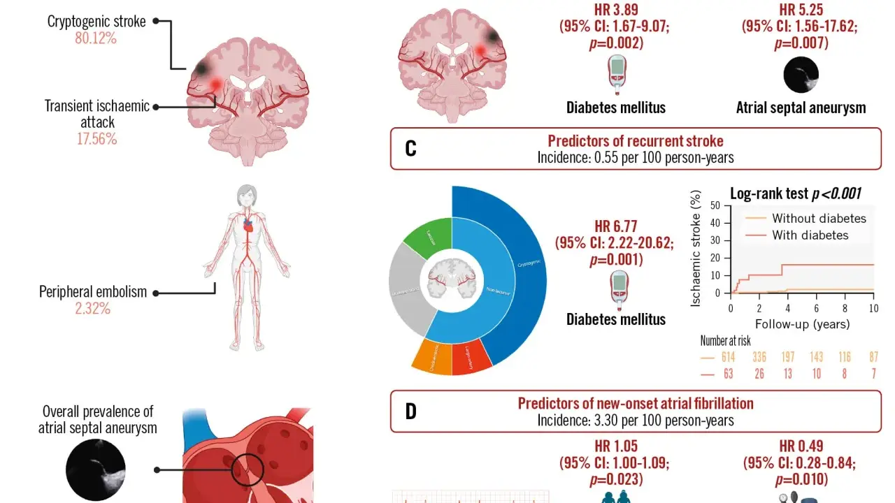 PFO closure indications: 80% kryptogenny udar, 17% TIA. Obraz przedstawia objawy neurologiczne i czynniki ryzyka udaru.