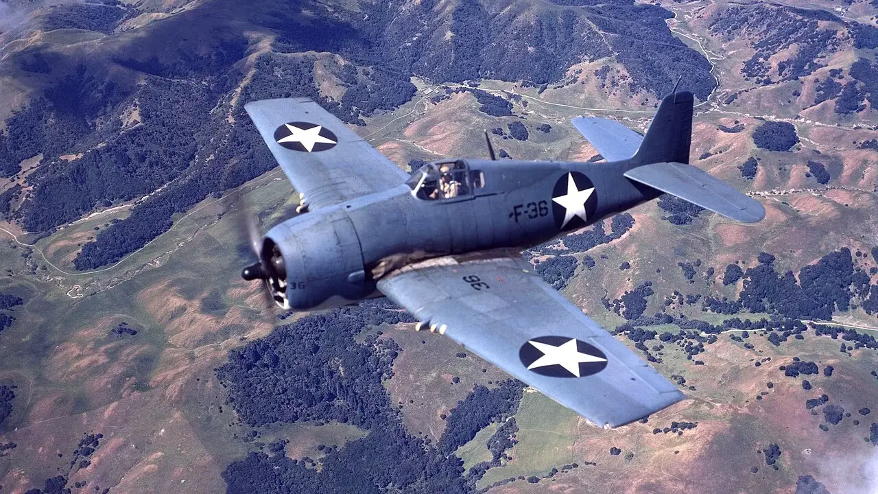 Ein F6F Hellcat-Jäger fliegt über hügeliges, bewaldetes Gelände.