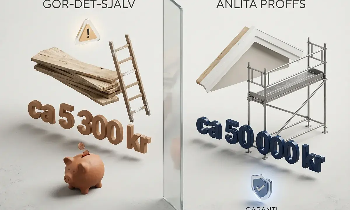 Jämförelse av att byta vindskivor själv med material och stege för ca 5 300 kr, eller anlita proffs med ställning för ca 50 000 kr.