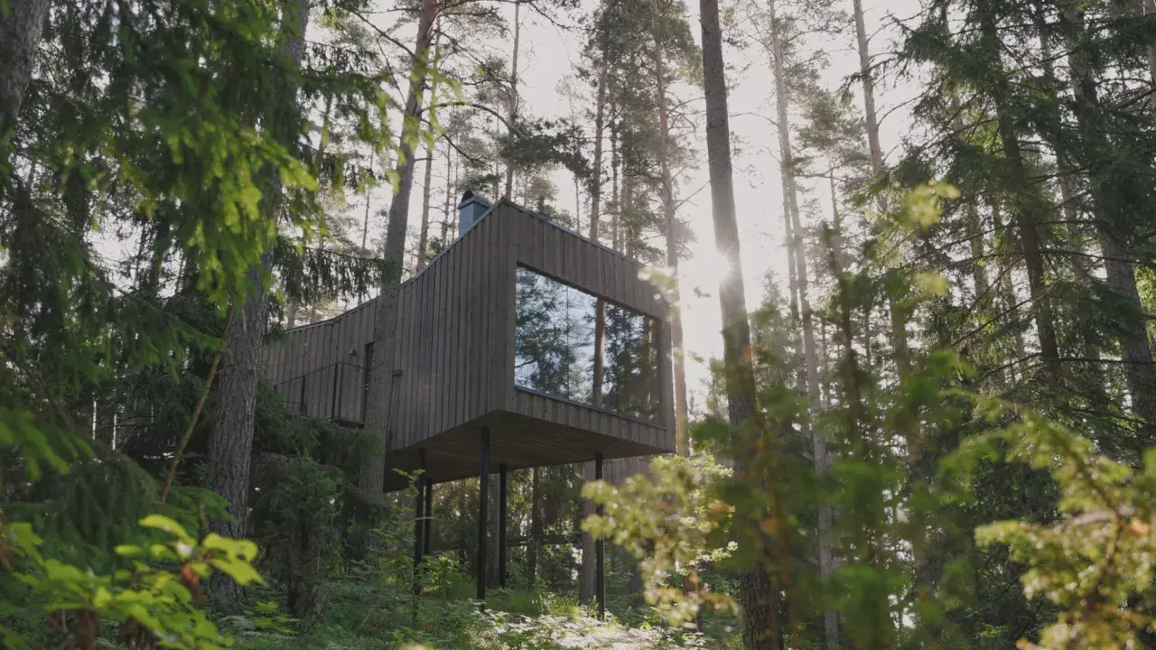 Modernt naturhotell i Sverige, inbäddat bland höga tallar. En arkitektonisk pärla som smälter samman med skogens lugn.
