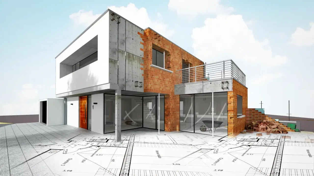 Nowoczesny dom w budowie, z cegły i betonu, na tle planów architektonicznych. Od czego zacząć budowę domu? Od projektu!