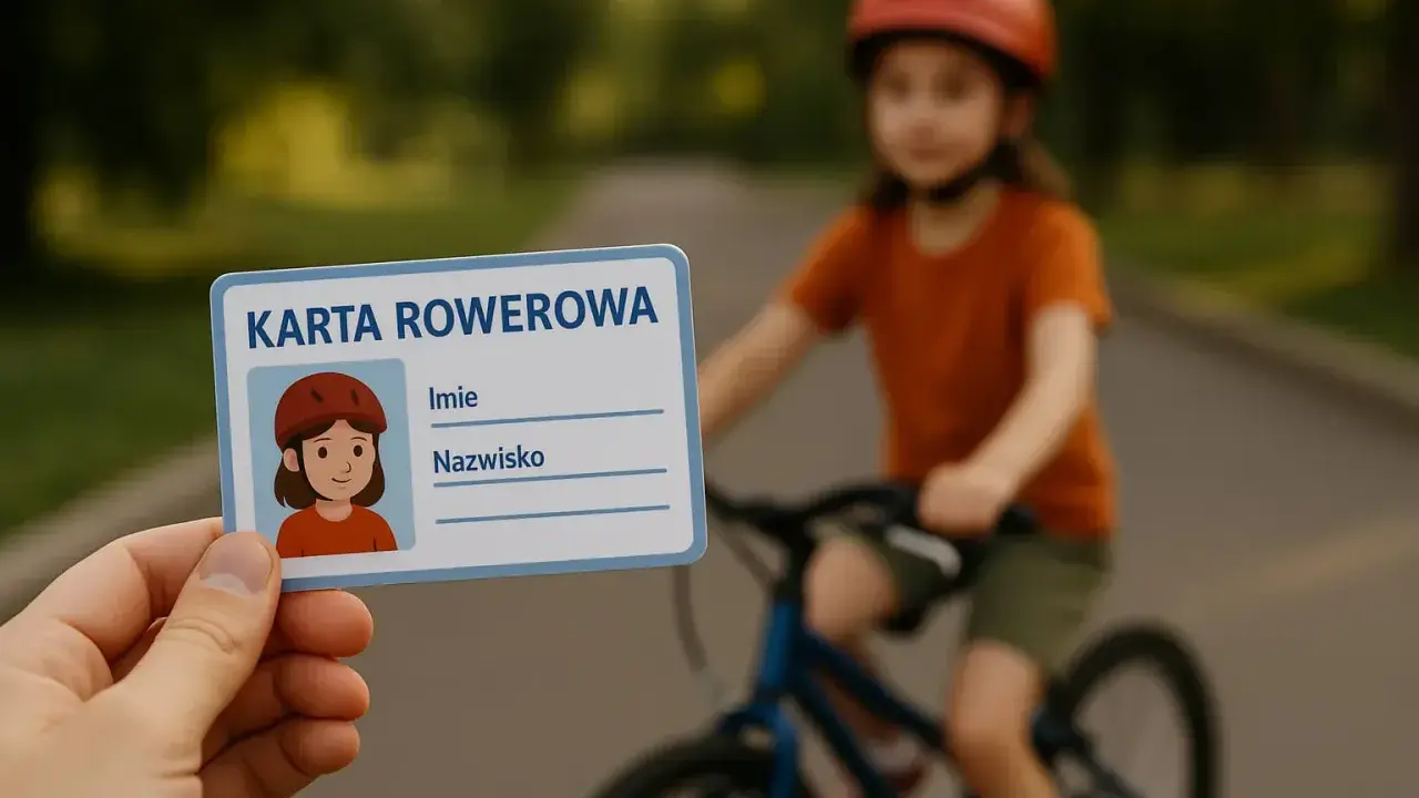 Dziecko w kasku jedzie na rowerze, a ręka trzyma kartę rowerową z rysunkiem dziewczynki.