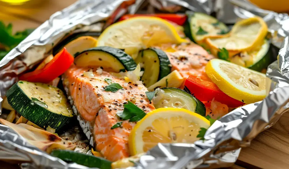 Lax i folie med citron, zucchini och paprika. En hälsosam och god måltid som tillagas enkelt i ugnen.