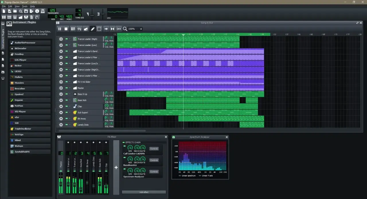 Interface de LMMS, un logiciel de création musicale, montrant la piste d'édition, les instruments et l'analyseur de spectre. Le meilleur logiciel musique gratuit pour vos créations.
