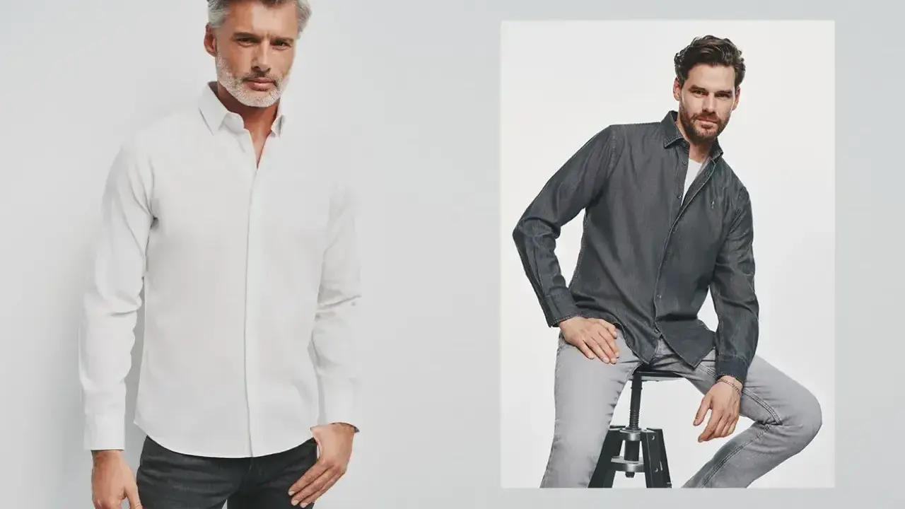 Mężczyzna w białej koszuli z kołnierzem typu button-down i mężczyzna w szarej koszuli dżinsowej.