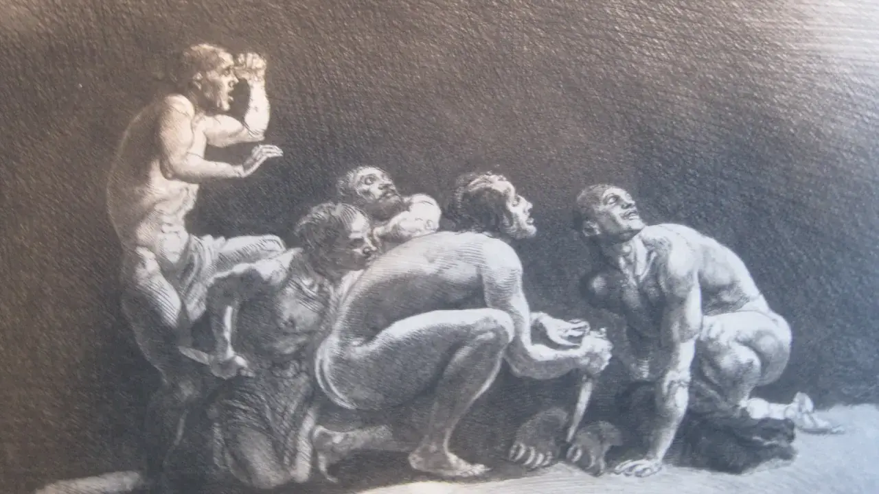 Männer in Not, die nach oben blicken, als ob sie sich fragen, wer war Prometheus und warum er ihnen das Feuer brachte.