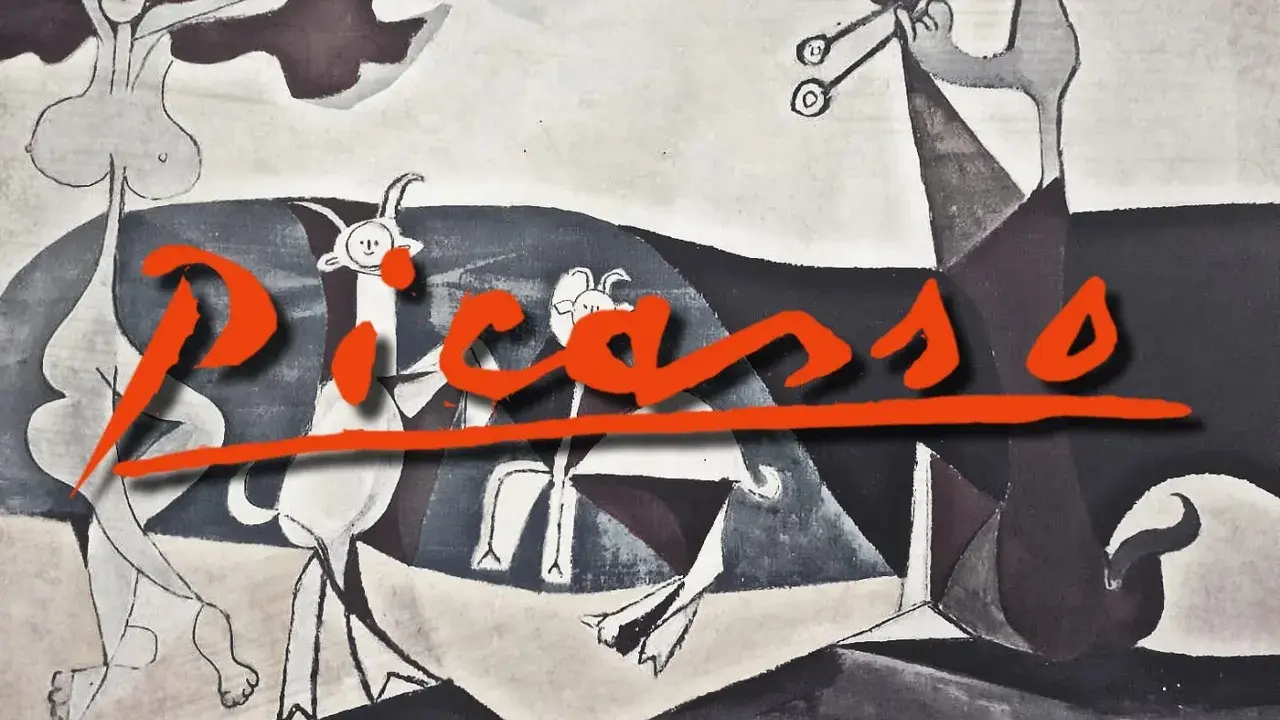 A surreal scene in Picasso art style, featuring abstract figures and goats, with the artist's name boldly overlaid in orange.