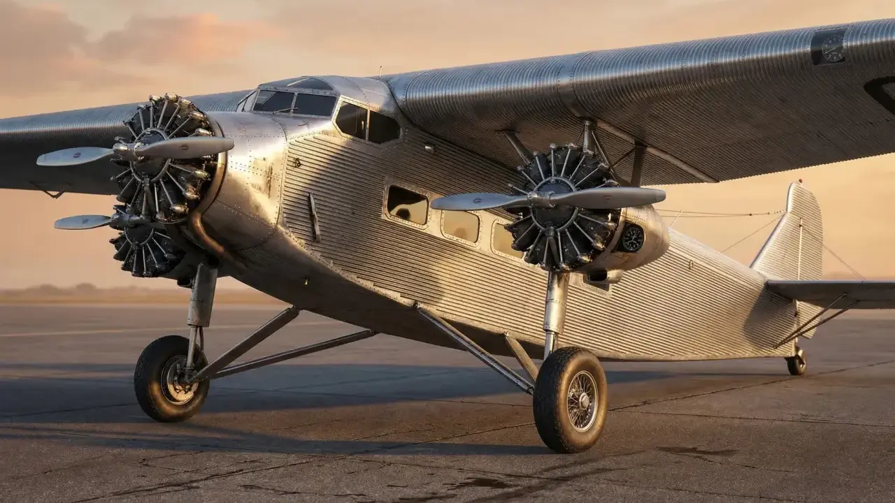 Ein glänzendes Ford Tri-Motor Flugzeug steht auf dem Rollfeld. Die drei Motoren sind gut sichtbar, ebenso wie die charakteristische Wellblechverkleidung.