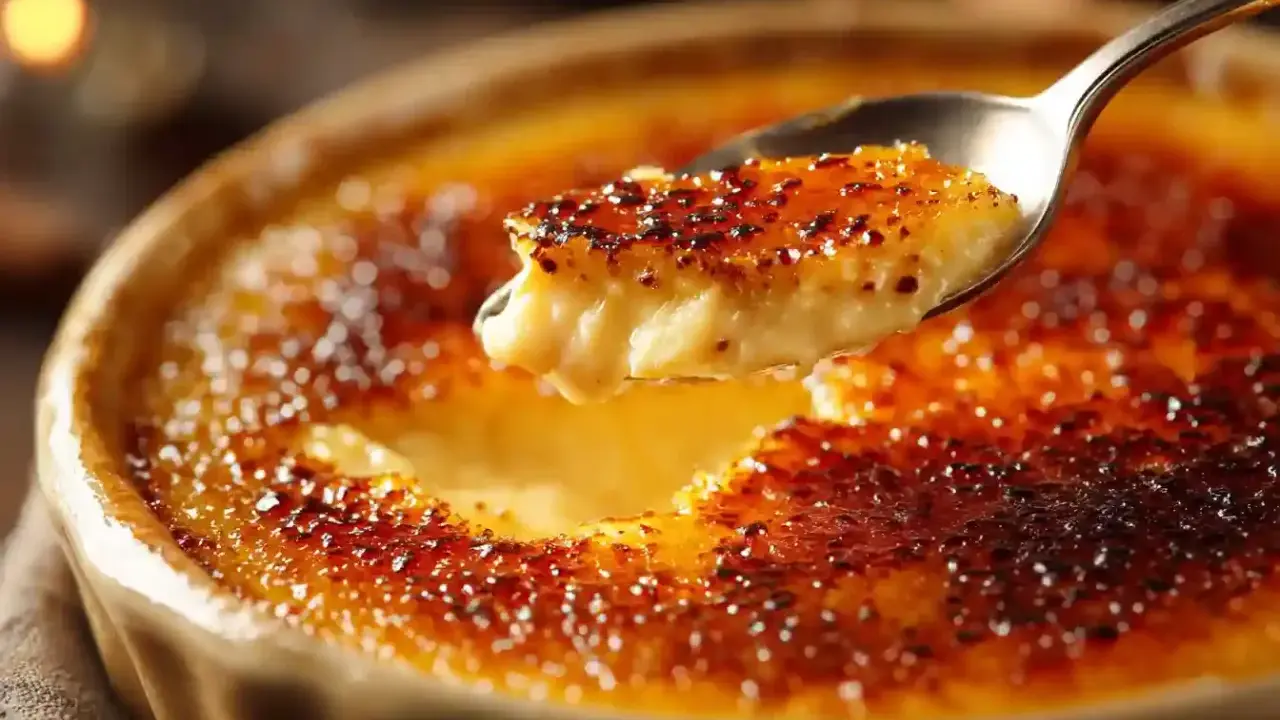 Une cuillère de crème brûlée, son origine française est un délice caramélisé.