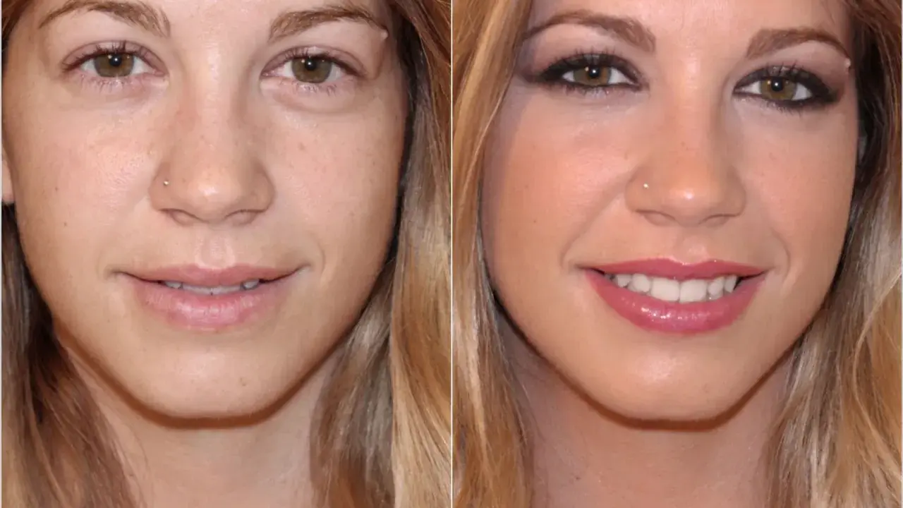 Comparación de rostro: antes sin maquillaje, con ojos cansados, y después con maquillaje que realza la mirada y el brillo de los labios.
