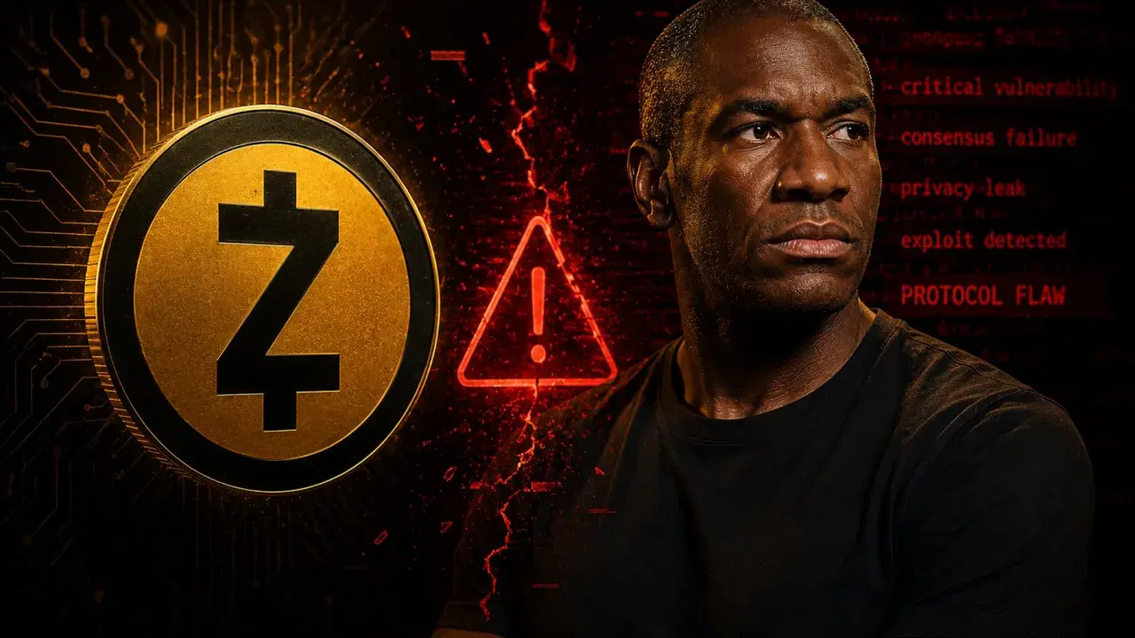 Arthur Hayes wpatrzony w ostrzeżenie o "PROTOCOL FLAW" obok symbolu Zcash.