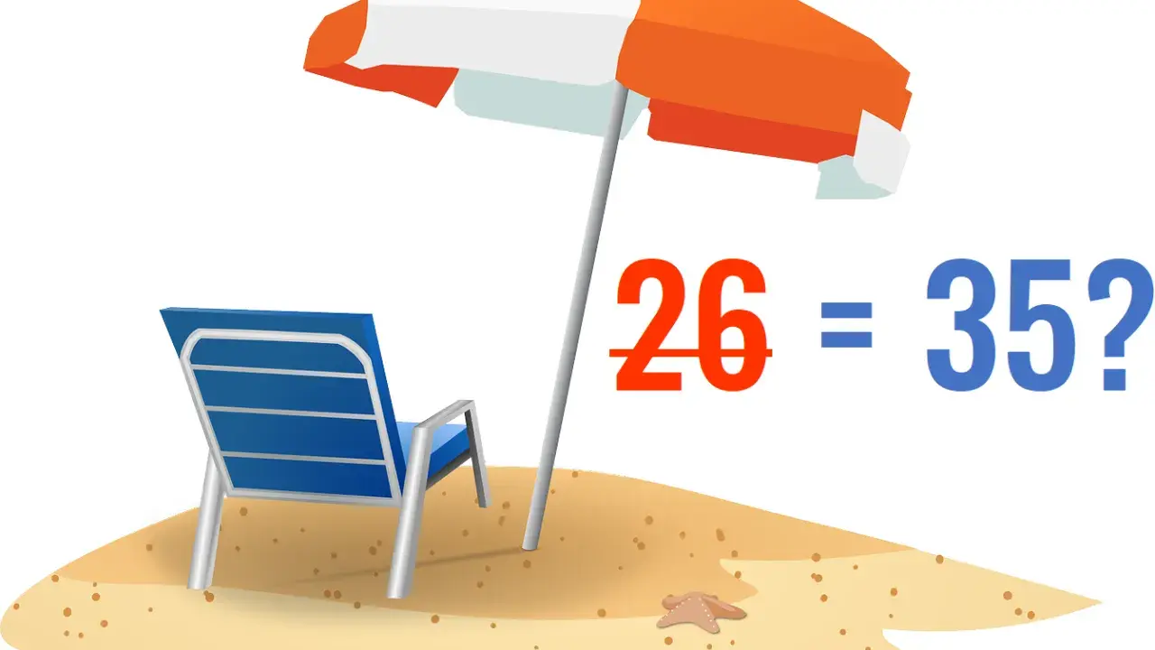 Plaża z leżakiem i parasolem. Obok napis: "26 = 35?". Czy to pytanie o to, od kiedy 35 dni urlopu?