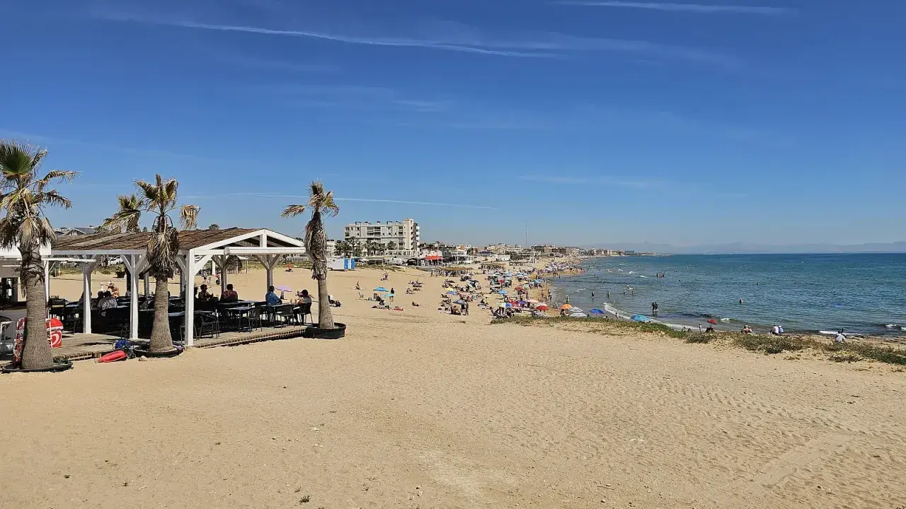 Sonniger Tag am Playa de la Mata. Menschen entspannen sich am Strand, einige im Wasser, andere unter Sonnenschirmen. Palmen säumen den Sand.