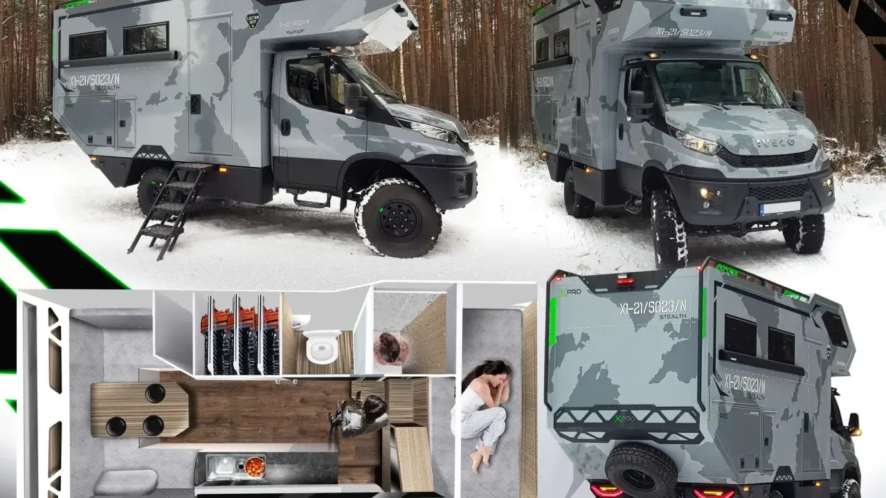 Kamper wyprawowy w zimowym lesie, z widokiem na wnętrze: kuchnia, łazienka i sypialnia.