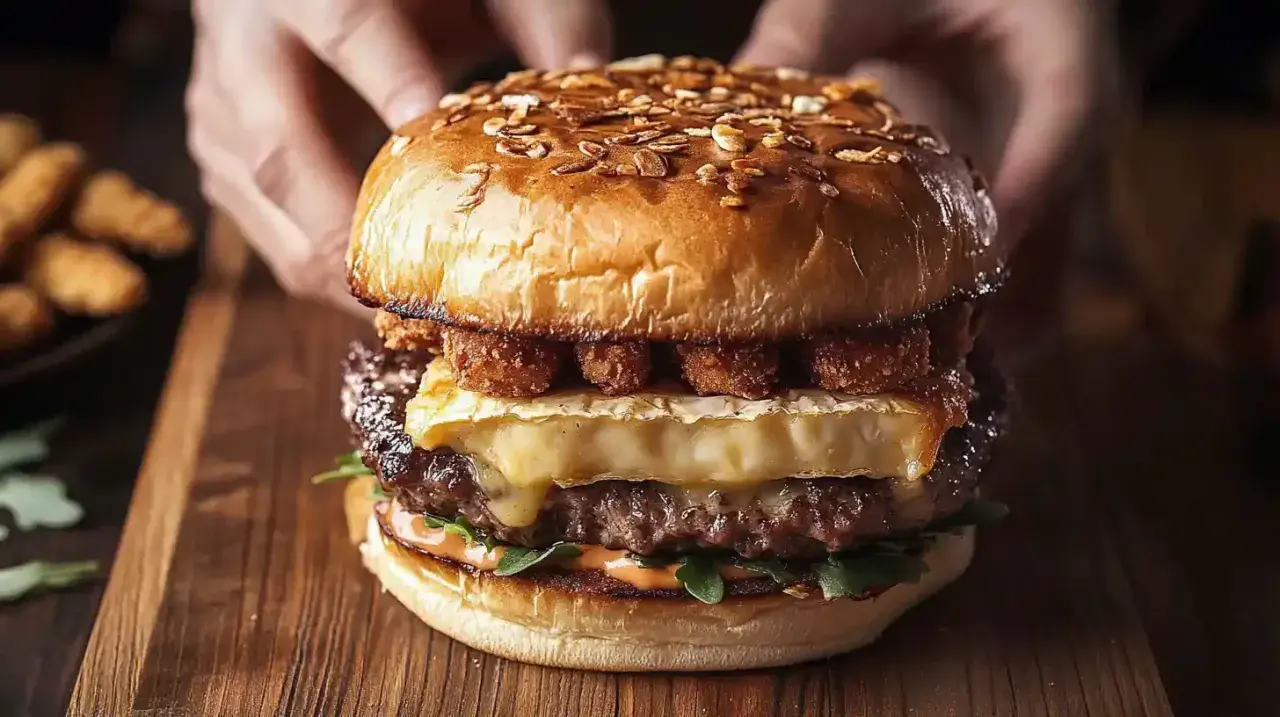 Apetyczny burger drwala przepis: soczysta wołowina, rozpływający się ser, chrupiące dodatki i puszna bułka. Idealny na głód!