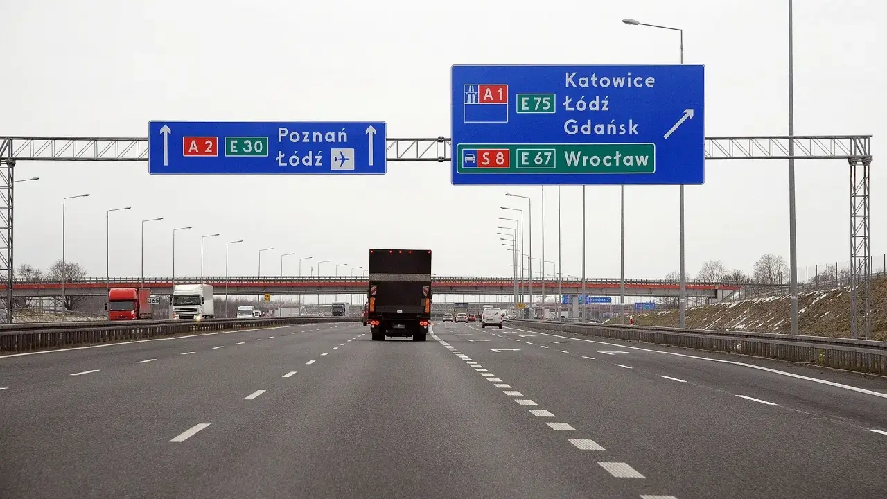 Droga szybkiego ruchu z tablicami kierunkowymi do Poznania, Łodzi, Katowic, Gdańska i Wrocławia.