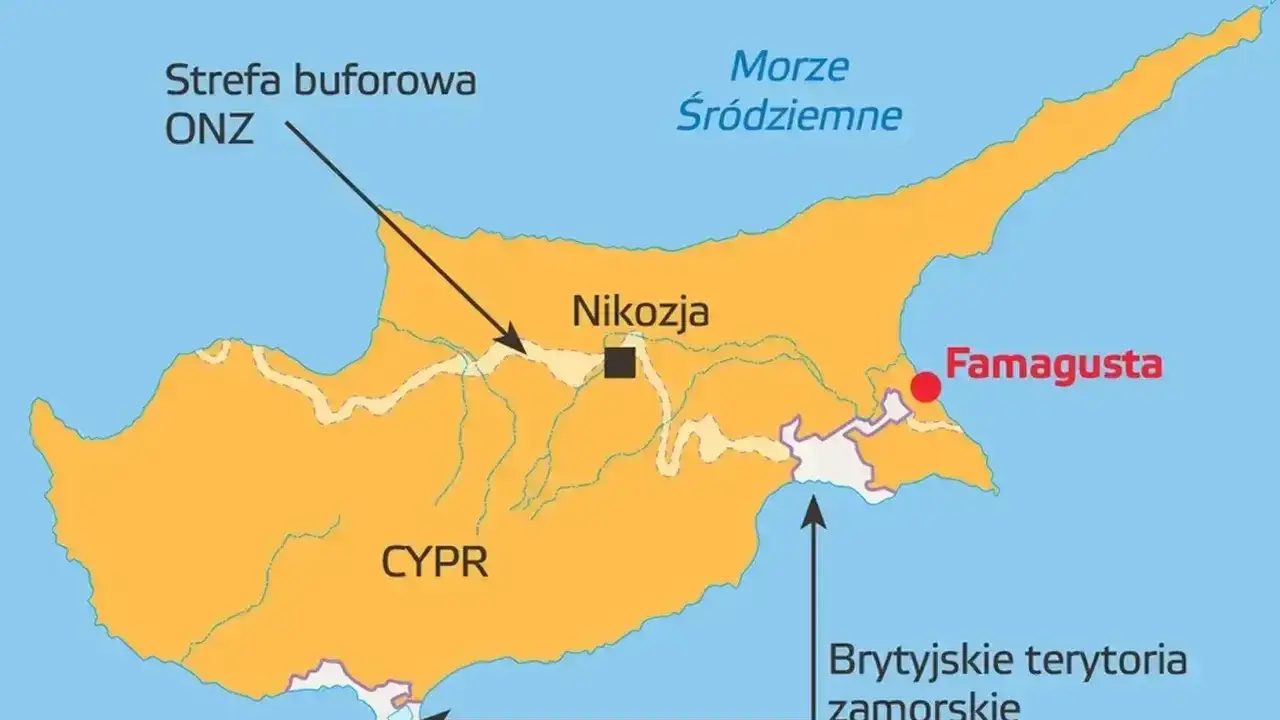 Mapa Cypru z zaznaczoną strefą buforową ONZ, Nikozją i Famagustą. Pokazuje podział wyspy na część grecką i turecką.