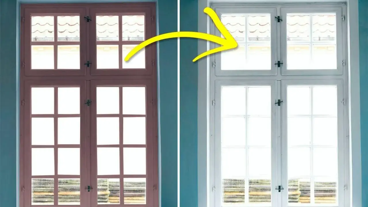 Fönsterkarmar byter färg från rosa till vit. En gul pil visar hur man kan måla snabbt och enkelt för en ny look.