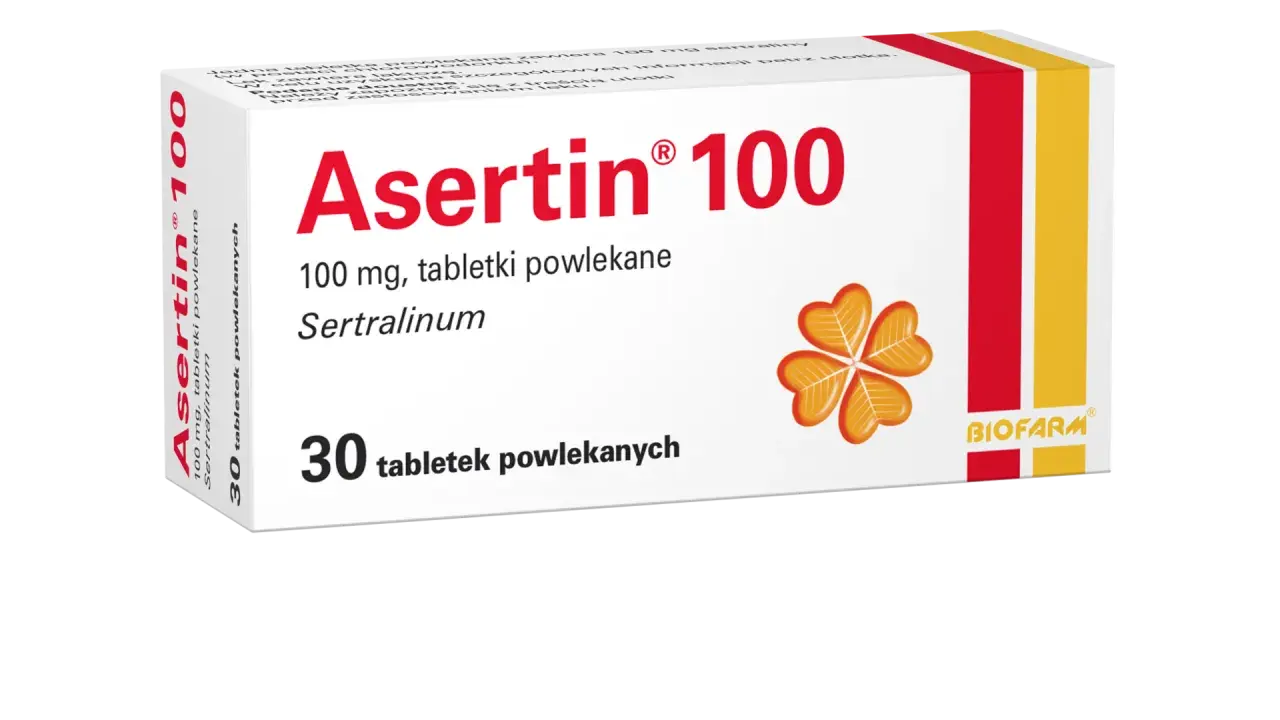 Opakowanie leku Asertin 100 mg, zawierającego 30 tabletek powlekanych z sertraliną. Stosowany na depresję i inne zaburzenia.