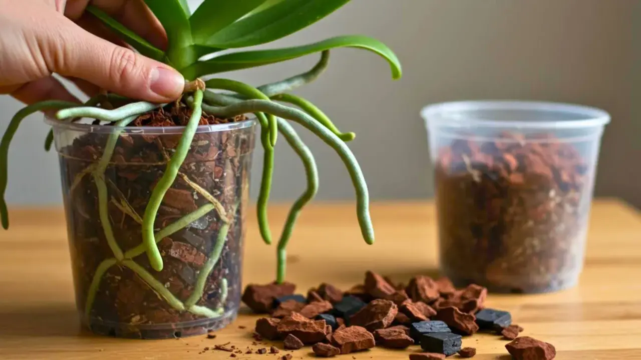 Maintenant, vous savez comment rempoter une orchidée. Les racines aériennes sont saines et prêtes pour un nouveau substrat.