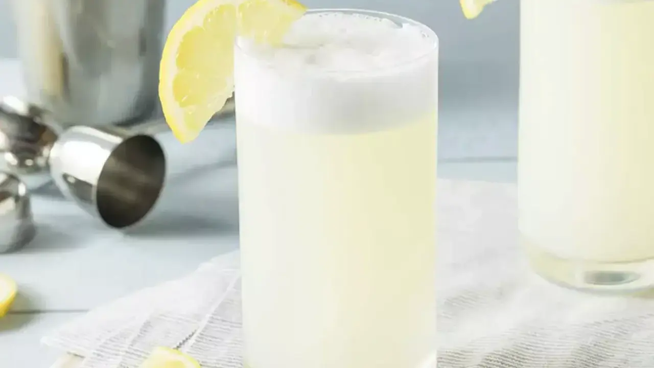 Un verre de gin fizz, garni d'une tranche de citron, prêt à être dégusté. Une recette rafraîchissante pour l'été.